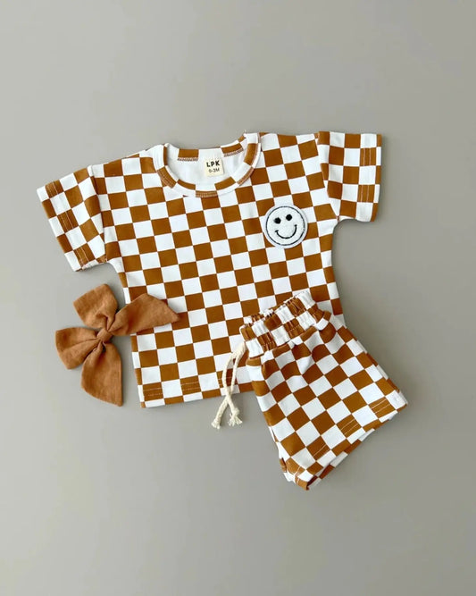 Checkered Smiley Set, Rust Brown