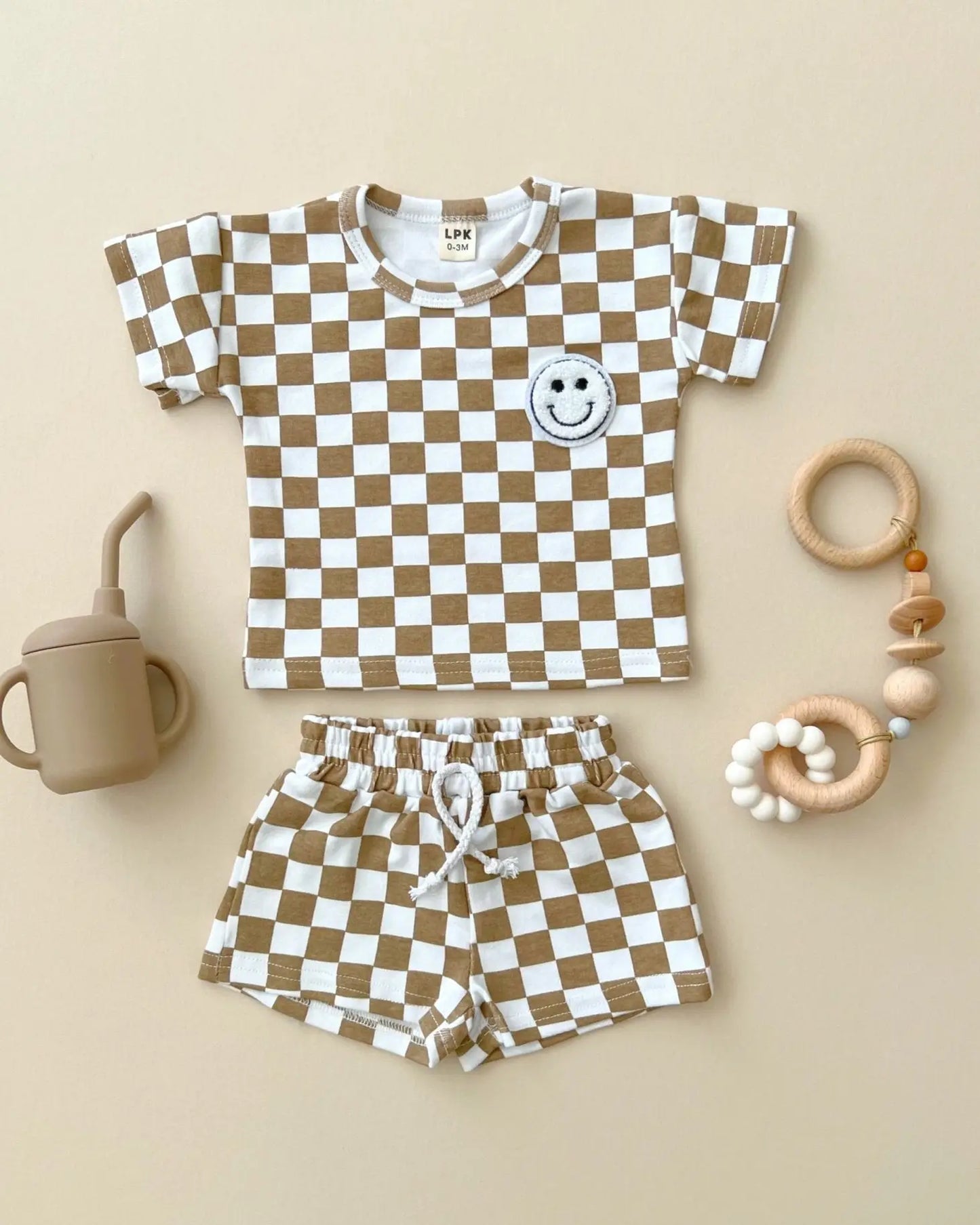 Checkered Smiley Set, Taupe